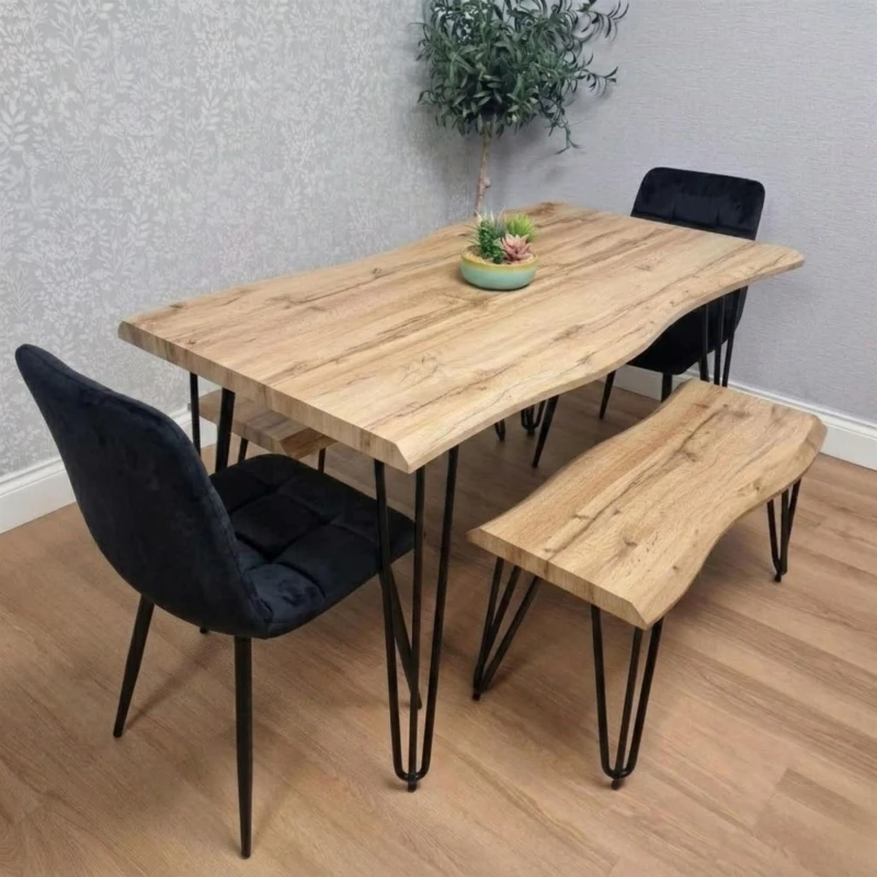 Image of Kosy Koala Dining Table And 2 Chairs With Bench Dark Grey Wood Dining Set With 2 Grey Velvet Chairs, Multi ARI117+2BKRO+2B