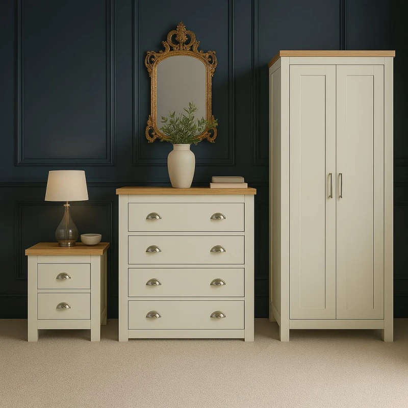 Image of Birlea Wooden 4 Piece Furniture Set Wardrobe Chest of Drawers Bedsides Highgate in Cream Cream Unisex