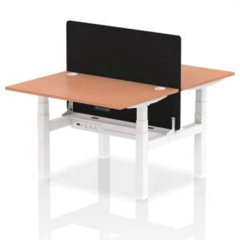 Image of Air Back - to - Back 1200 x 800mm Height Adjustable 2 Person Bench Office Desk Beech Top - Cable Ports White Frame - Black Straight Screen