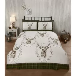 image of Angus Stag Green King Size Duvet Cover Set 100% Brushed Cotton Reversible Checked Duvet Set - Green