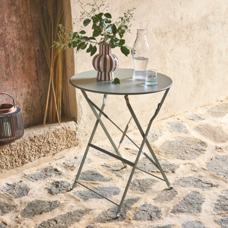Image of Sweeek - Folding Metal Bistro Garden Table Diam.60Cm Seats 2 Emilia 60Cm Khaki Green 60X60X71 Cm