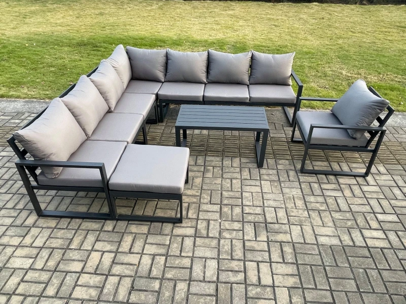 Image of Fimous Aluminium Patio Outdoor Garden Furniture Lounge Corner Sofa Set with Oblong Coffee Table Big Footstool Chair Dark Grey Dark Grey Unisex