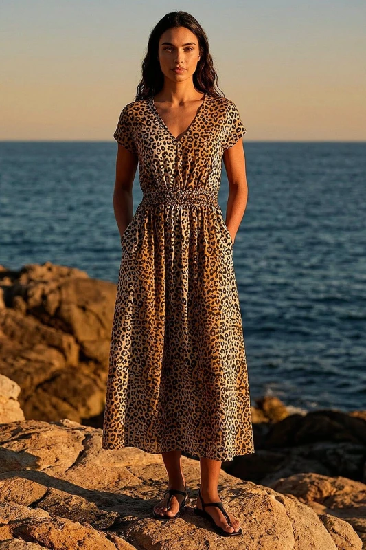 Image of Roman Womens Animal Print Shirred Waist Maxi Dress in Camel Size: 20 Camel Female 20