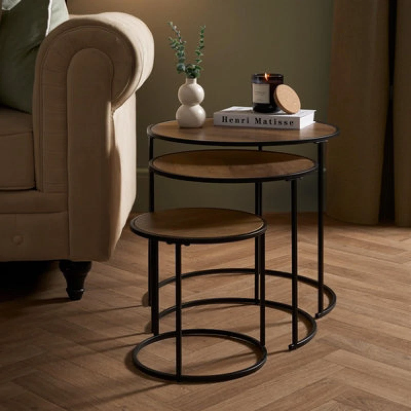 Image of OHS OHS Manhattan Wooden Effect Round Nesting Side Coffee Table with Metal Frame in Light Oak Light Oak One Size Unisex 5027434229710