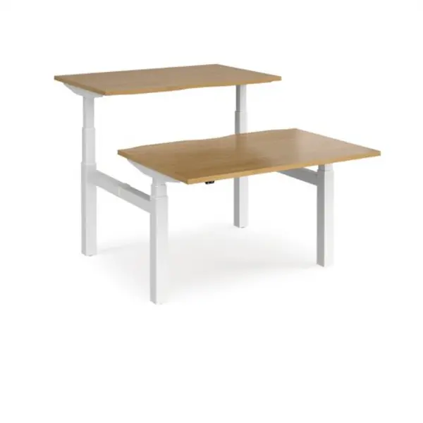 Image of Elev8 Height Adjustable Desk Back To Back Rectangular Desks 1200mm Oak Tops With White Frames Elev8 Touch Oak EVTB-1200-WH-O