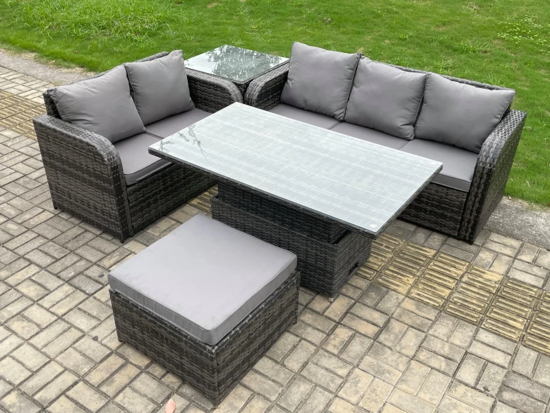 Image of Fimous 6 Seater Outdoor Rattan Garden Furniture Sets Height Adjustable Rising lifting Dining Table Lounge Sofa Set Dark Grey