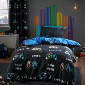 Image of Catherine Lansfield Kids Game Over Reversible Easy Care Duvet Cover Set, Black, Double