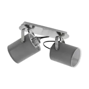 Image of Flush Ceiling Light Colour Satin Nickel Shade Grey Fabric Bulb E27 2x10W