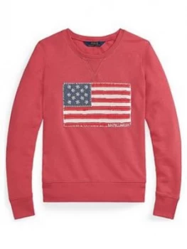 Image of Ralph Lauren Girls Embroidered Flag Crew Sweat - Red, Size Age: 8-10 Years, M, Women