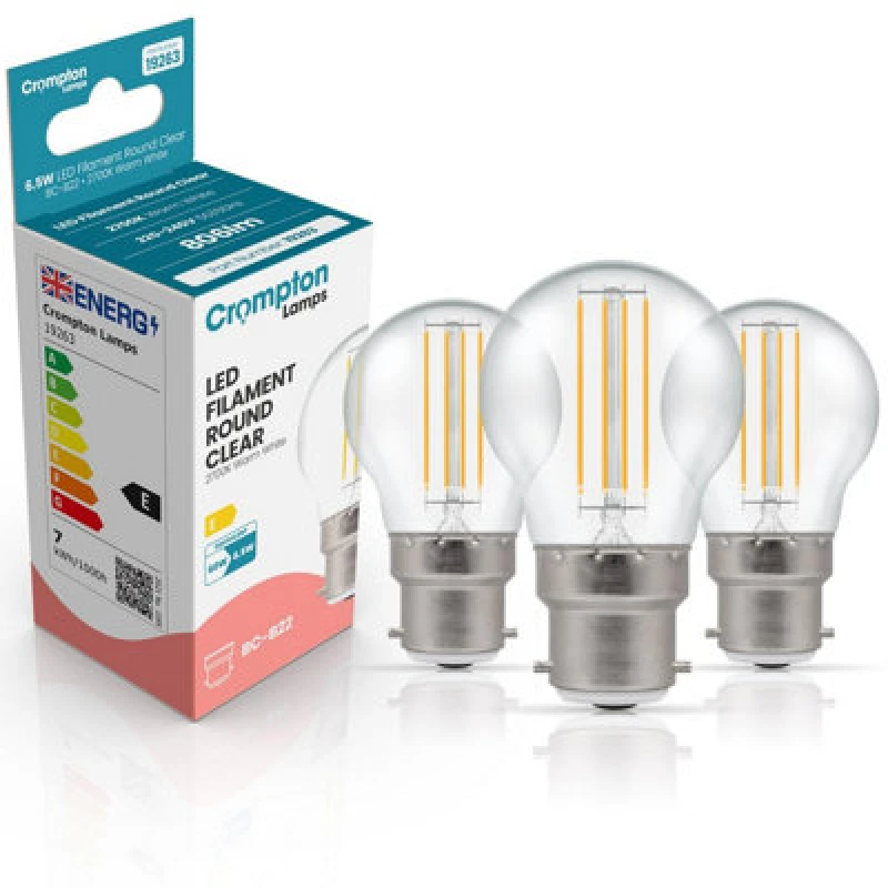 Image of Crompton Lamps LED Golfball 6.5W B22 Dimmable Filament Warm White Clear (60W Eqv)