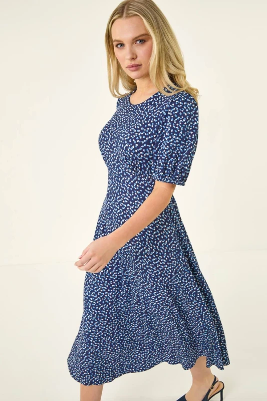 Image of Roman Womens Petite Abstract Stretch Midi Dress in Navy Size: 14 Navy Female 14