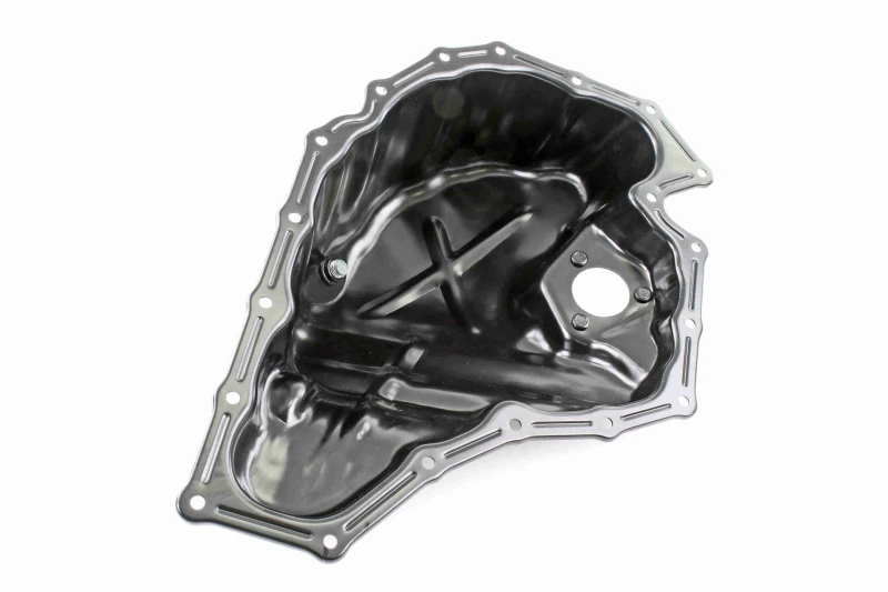 Image of VAICO V10-3495 Oil Sump with bore for oil-level sensor, Sheet Steel, without gasket/seal, Original VAICO Quality Oil Pan (592)