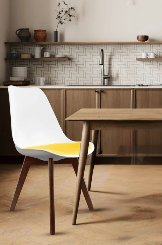 Image of Fusion Living Soho Plastic Dining Chair With Squared Dark Wood Legs White & Yellow, Yellow FL2347
