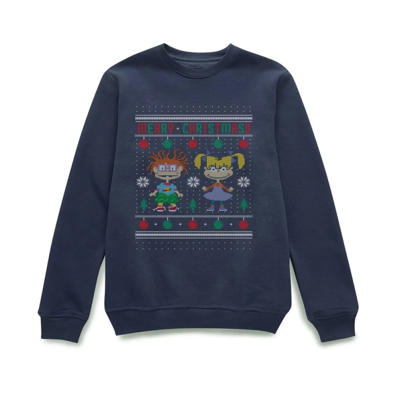 Image of Rugrats Chuckie And Angelica - Merry Christmas Christmas Jumper - Navy - S