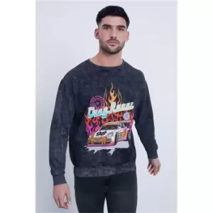 image of I Saw It First Charcoal Acid Wash Drag Racer Graphic Oversized Sweatshirt - Grey