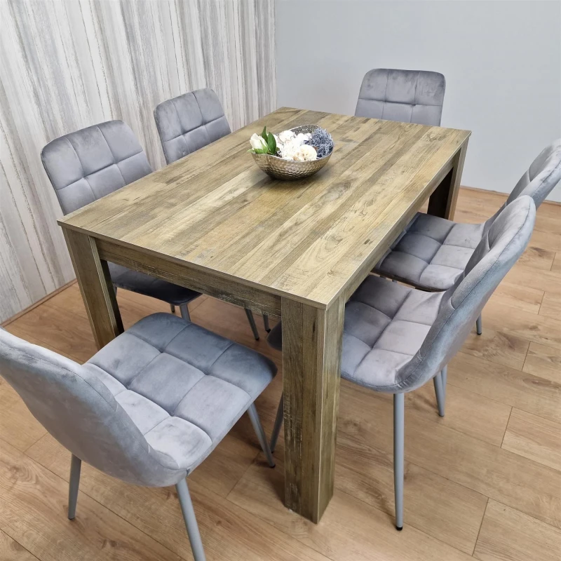 Image of KOSY KOALA KOSY KOALA Dining Table and 6 Chairs Rustic Effect Wood Table 6 Grey Velvet Chairs Dining Room in Brown Size: 140cm x 80cm Brown 140cm x