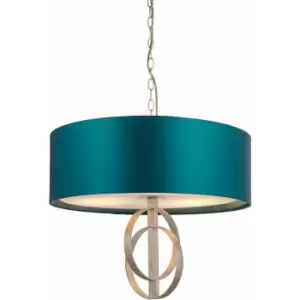 Image of Antique Silver Ceiling Pendant Light & Teal Satin Shade - 3 Bulb Hanging Fitting
