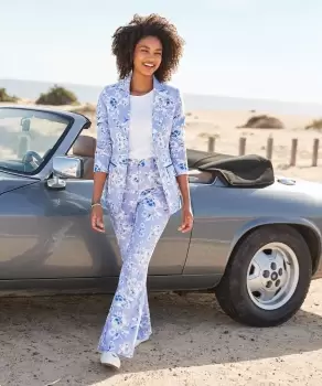 Image of Floral Print Flattering Wide Flared Leg Tailored Suit Trousers