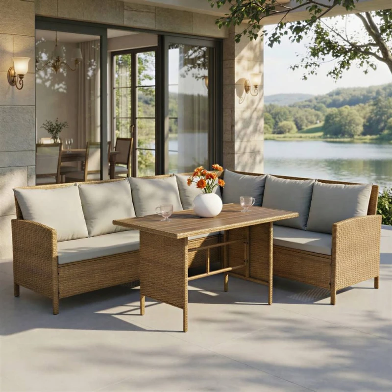 Image of Home Garden Direct Alia Rattan Corner 6 Seater Dining Sofa Set with Polywood Table Brown Brown Unisex