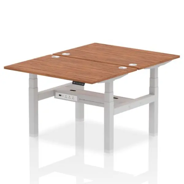 Image of Air Air Back-to-Back 1200 x 800mm Height Adjustable 2 Person Bench Desk Walnut Top with Cable Ports Silver Frame HASCP2P12800WNTS