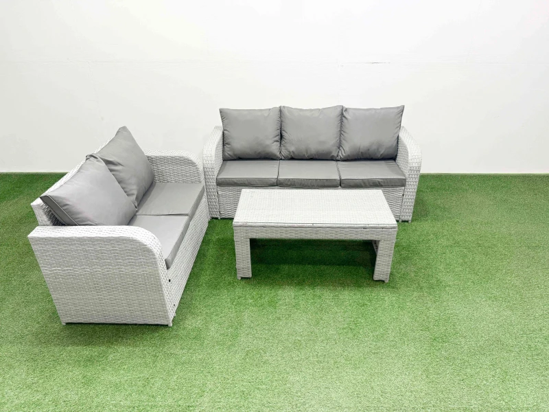 Image of Fimous 5 Seater PE Rattan Wicker Garden Furniture Patio Conservatory Sofa Set with Oblong Coffee Table 3 Seater Sofa Love Sofa Light Grey