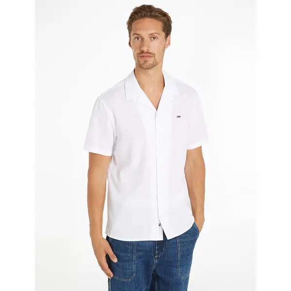 Image of Embroidered Logo Shirt in Cotton/Linen with Short Sleeves