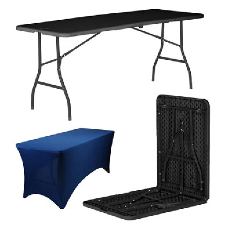 Image of Harbour Housewares Folding Camping Picnic Table With Fitted Tablecloth - 180Cm (6ft) - Black/blue - Portable Plastic Outdoor Party Display