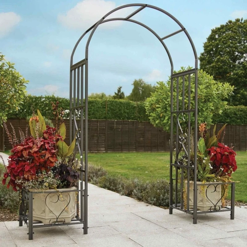 Image of Gr8 Garden Metal Garden Patio Arch With Planters Rose Arbour Archway Climbing Plant Trellis Black