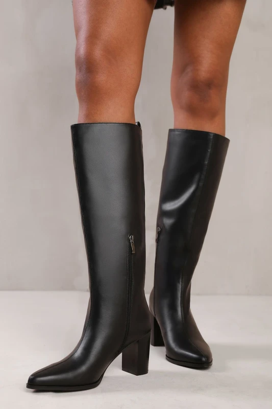 Image of Where's That From 'Delta' Block Heel Knee High Boots With Side Zip True Black