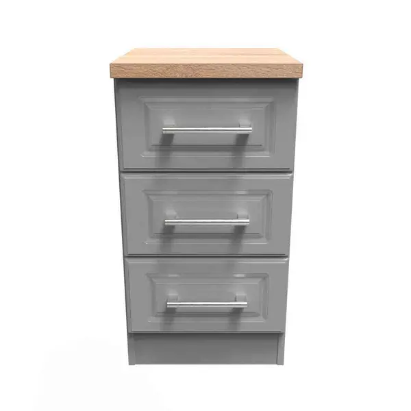 image of Welcome Furniture Ready Assembled Kent 3 Drawer Bedside Cabinet - Grey & Oak