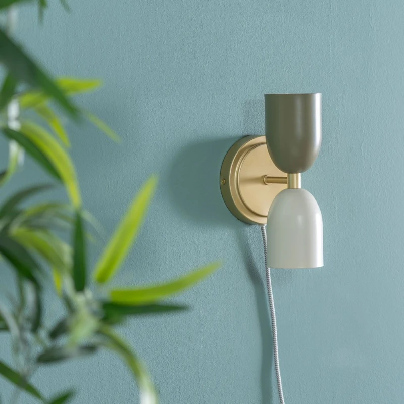Image of ValueLights Pair of - Plug in Gold Up & Down Easy Fit Wall Lights with Khaki / Cream Shades Gold