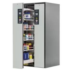 image of asecos Type 90 fire resistant vertical pull-out cabinet, 2 drawers, 8 tray shelves, grey/grey