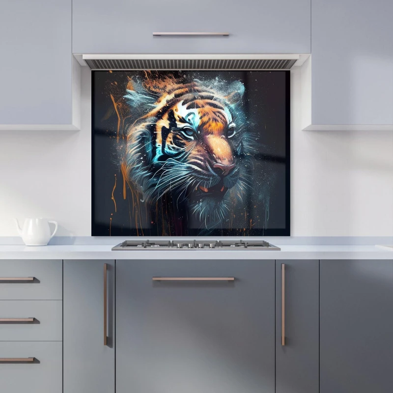 Image of Warren Reed - Designer Tiger Face Splashart Dark Background Kitchen Splashback in Brown Size: 600mm x 750mm Brown Unisex 600mm x 750mm