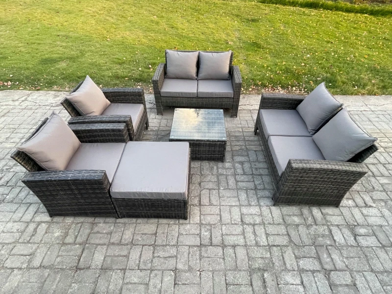 Image of Fimous Rattan Garden Furniture Set 7 Seater Patio Outdoor Lounge Sofa Set with Square Coffee Table Double Seat Sofa Big Footstool in Dark Grey Dark Gr