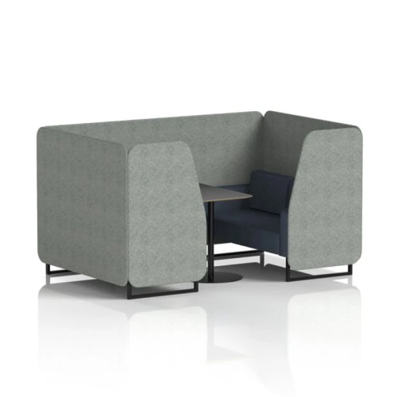 Image of Brixworth 4 Seater Office Booth with Front Panel - Black Legs and Black Table with Black Leg in Rivet Fabric - Prime Panels and Crucible Sofa