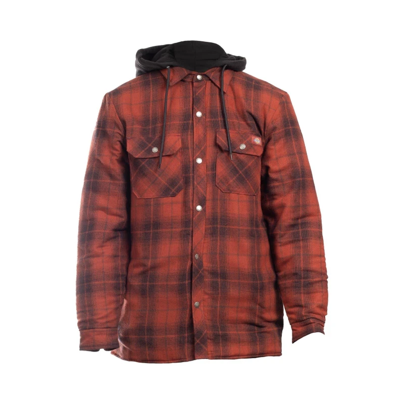 Image of Dickies Mens Fleece Hooded Flannel Shirt Overshirt Jacket XXL - Chest 50-52' Brick DIC039-BRICK-XXL