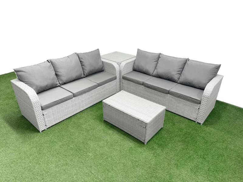 Image of Fimous Outdoor Garden Furniture Sets 6 Seater Wicker Rattan Furniture Sofa Sets with Rectangular Coffee Table high Back Lounge Sofa Side Table Light G