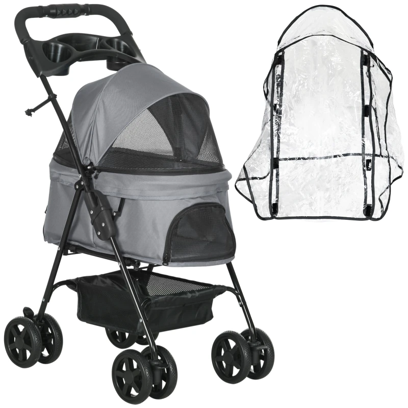 Image of PawHut Dog Stroller with Rain Cover, One-Click Fold Trolley Jogger, Wheels, Basket, Adjustable Canopy, Safety Leash for Small Dogs, Grey Aosom UK