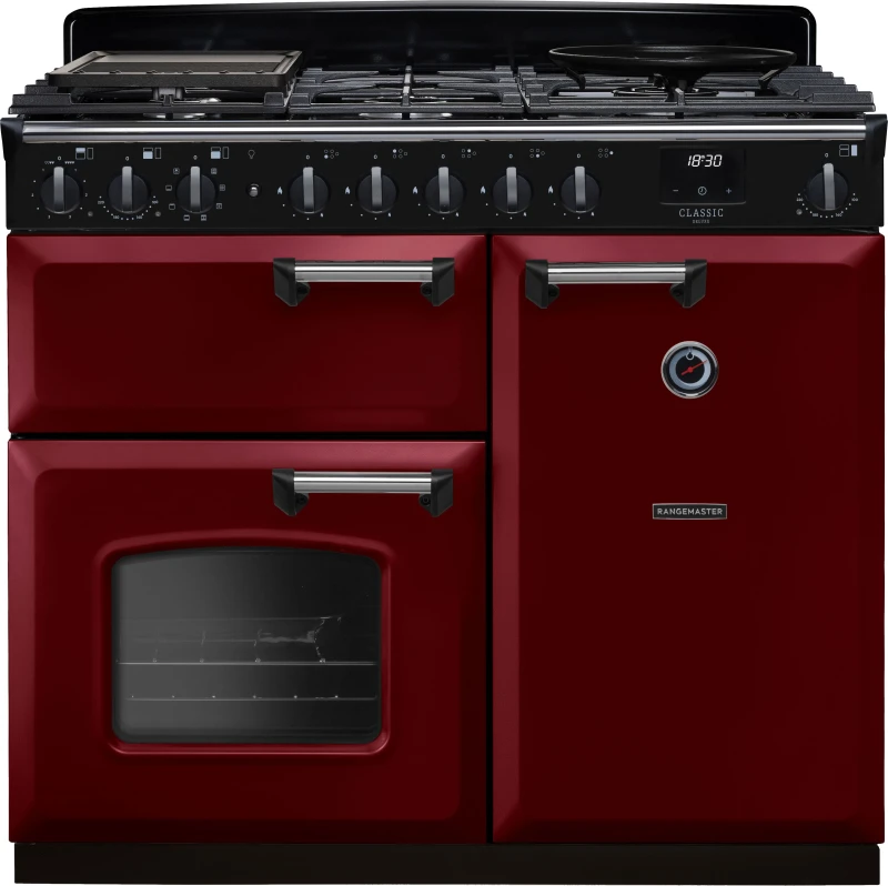 Image of Rangemaster Classic Deluxe 100 Dual Fuel CLDL100DFPBOR/CM1 100cm wide Dual Fuel Range Cooker with Gas Hob - Bordeaux / Chrome - A/A Rated