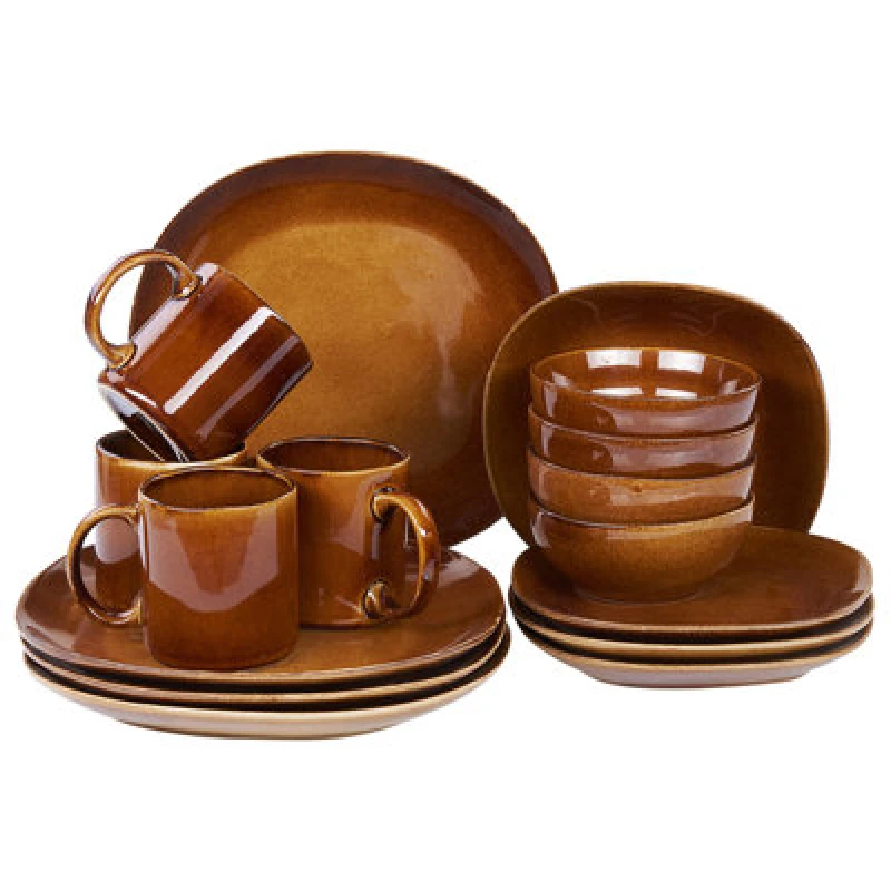 Image of Beliani Set Of 16 Dinnerware Turmeric Stoneware Golden Brown