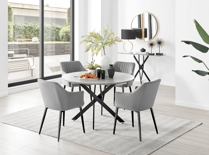 Image of FurnitureboxUK FurnitureboxUK Novara Grey Concrete Effect Black Leg 120cm Round Dining Table & 4 Calla Black Leg Chairs Grey One Size Unisex 505665711