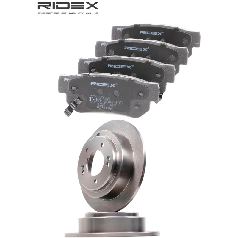 Image of RIDEX 3405B2337 Brake disc and pads set Rear Axle, Brake Disc Type: Solid, with acoustic wear warning Brake Set,disc brakes (3405)