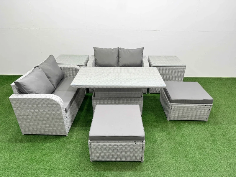 Image of Fimous 6 Seater Outdoor Love Sofa Set Rattan Garden Furniture Set with Adjustable Lifting Dining or Coffee Table 2 Footstool 2 Side Tables Light Grey