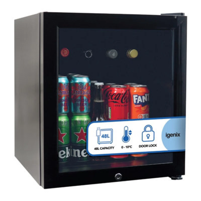 Image of Igenix 48L Tabletop Drinks Fridge, Mini Bar Fridge With Lock, 0 To 10C, Compact Beverage Cooler, Reversible, Igbf046Ttb, Black