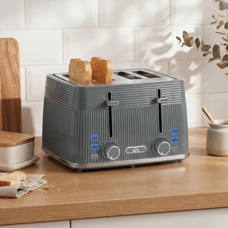 Image of HOMCOM 4 Slice Electric Toaster with 7 Browning Levels, 1860W, Grey Grey Unisex