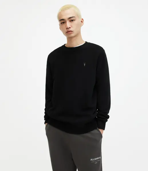 Image of AllSaints Mens Slim Fit Cotton Raven Sweatshirt, Black, Size: XXL