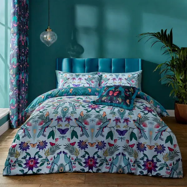 image of Catherine Lansfield Mya Tropical Floral Duck Egg Blue Duvet Cover and Pillowcase Set Duck Egg (Blue)