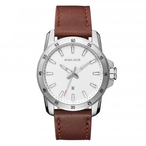 Image of Police Tan Leather Strap Watch with White Dial