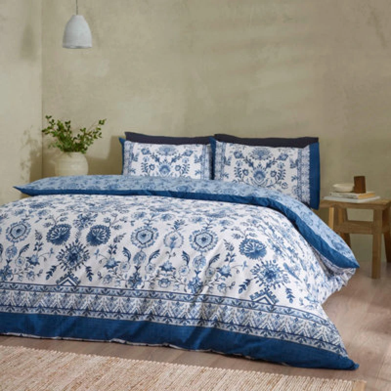Image of Catherine Lansfield Zoukara Floral Reversible Double Duvet Cover Set With Pillowcases Blue