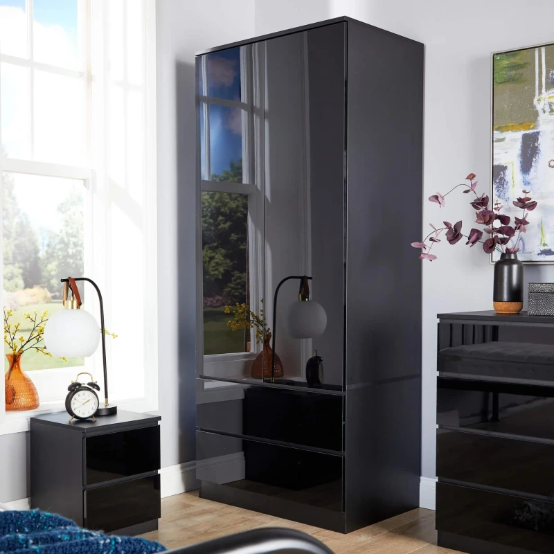 Image of Home Source Lugano 2 Door 2 Drawer Wardrobe Black